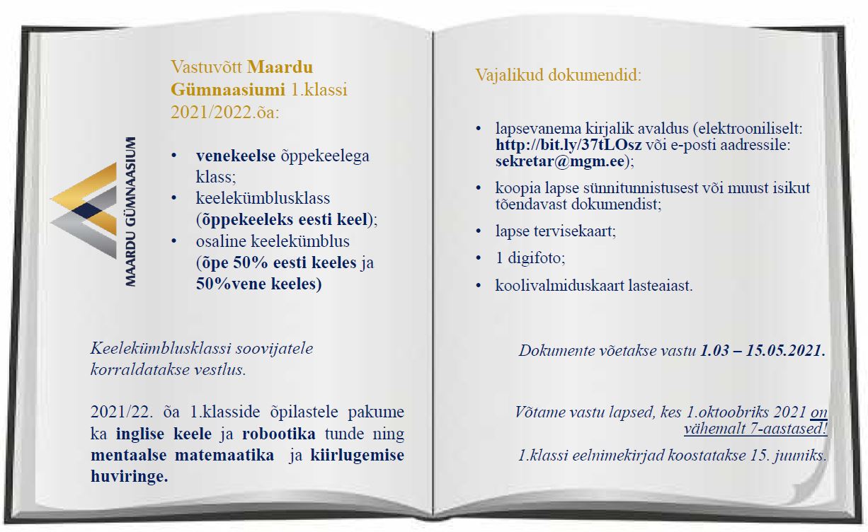 Vastuvõtt 1.klassi 2021/2022.õa